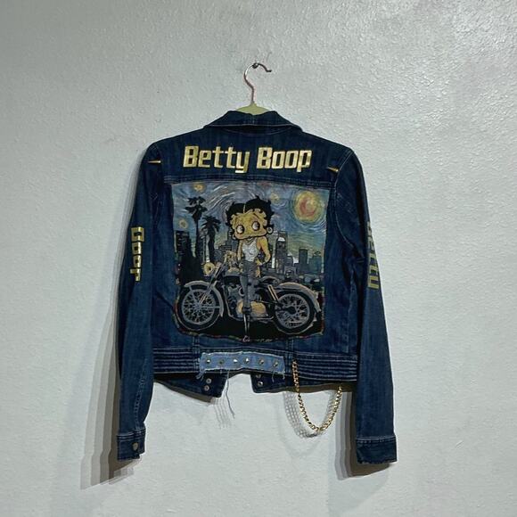 Upcycled Blue Denim Betty Boop Jean Jacket Sz M - Picture 10 of 13